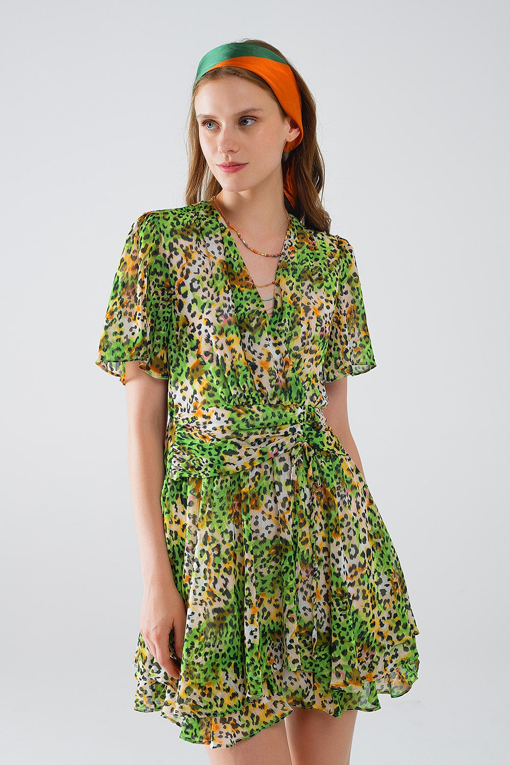 Short Green Multicolored Dress With Crossed Top with Animal Print Q2 Dresses BoutiqueLua