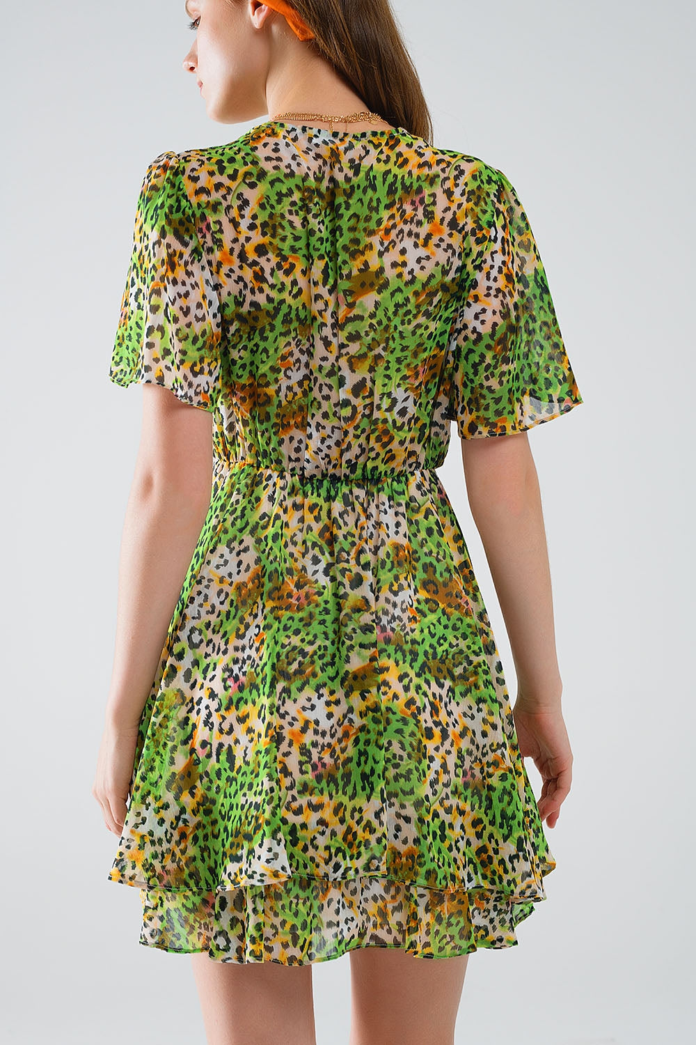 Short Green Multicolored Dress With Crossed Top with Animal Print Q2 Dresses BoutiqueLua