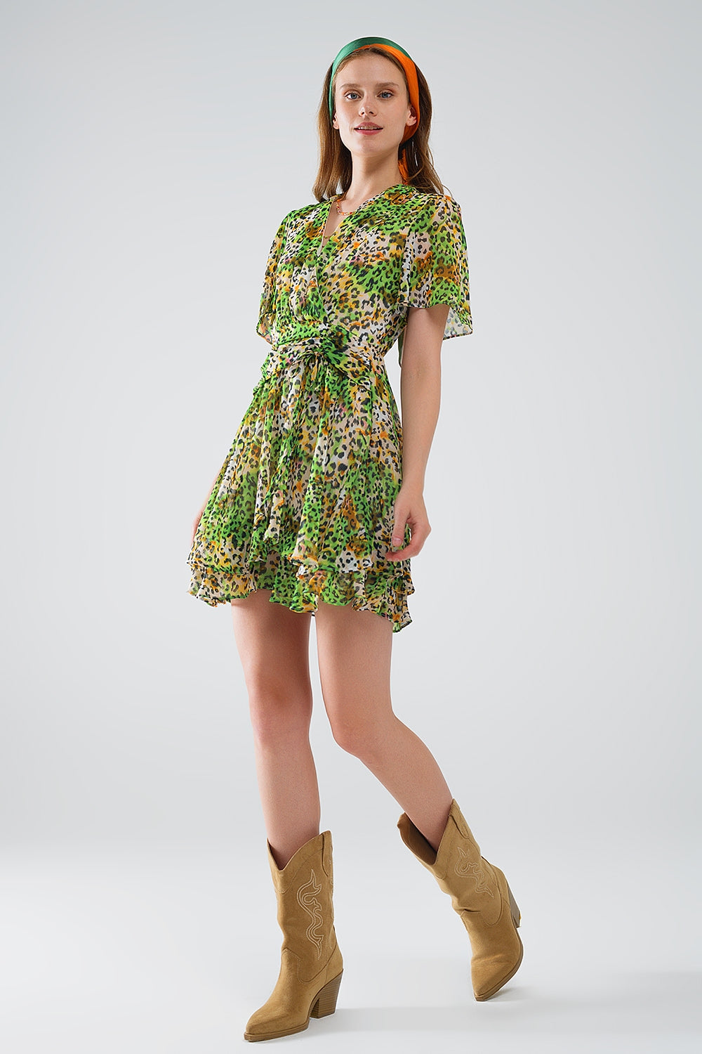 Short Green Multicolored Dress With Crossed Top with Animal Print Q2 Dresses BoutiqueLua