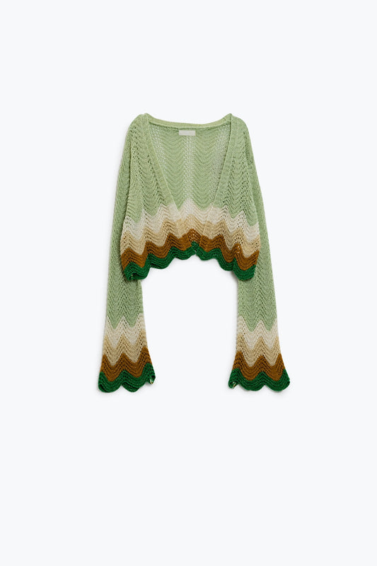 Short knitted cardigan with angel sleeves and wave multicolor detail in green - Cardigans