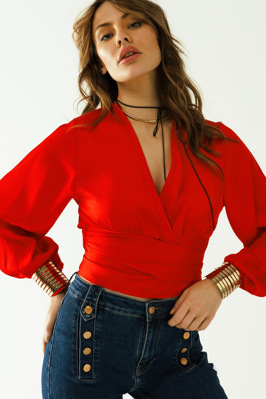 Short red crop top with long and wide sleeves - Tops