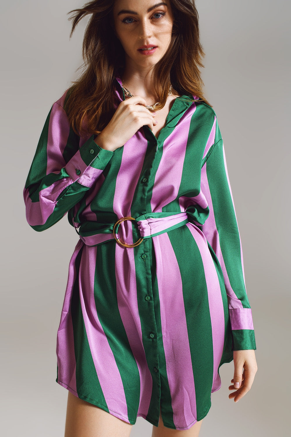 Short Shirt Dress in Lilac and Green Stripe Q2 Dresses BoutiqueLua
