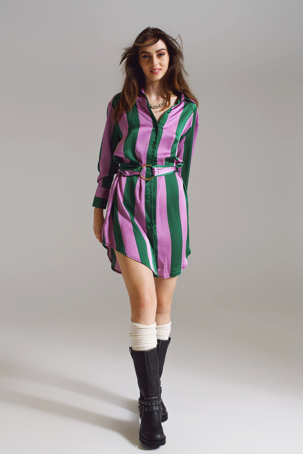 Short Shirt Dress in Lilac and Green Stripe Q2 Dresses BoutiqueLua