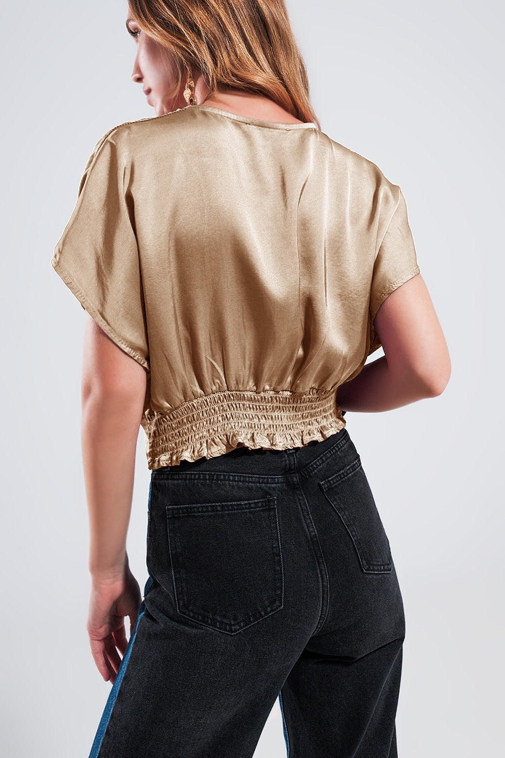 Short sleeve cropped satin top in beige Q2 Tops BoutiqueLua
