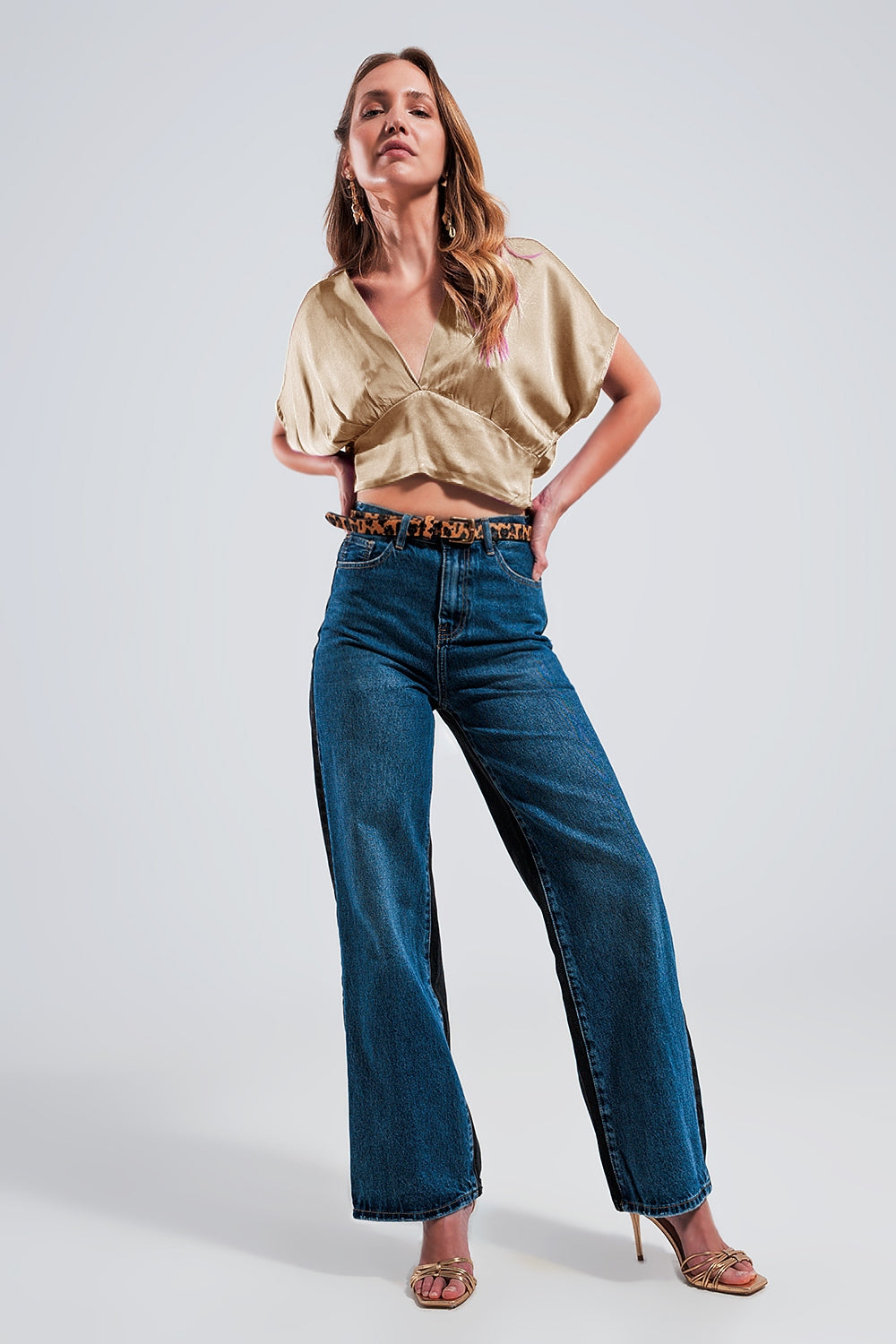 Short sleeve cropped satin top in beige Q2 Tops BoutiqueLua