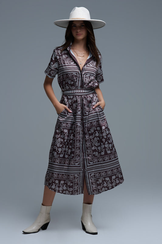 Short Sleeve Paisley Print Shirt Dress in brown - Dresses