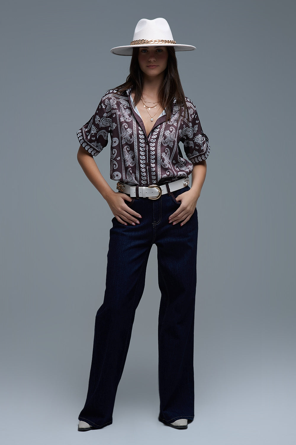 Short Sleeve Paisley Print Shirt in Brown - Shirts