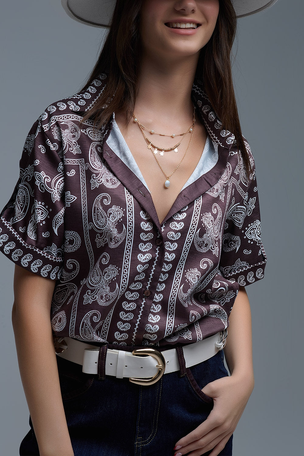 Short Sleeve Paisley Print Shirt in Brown - Shirts