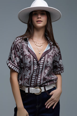 Short Sleeve Paisley Print Shirt in Brown
