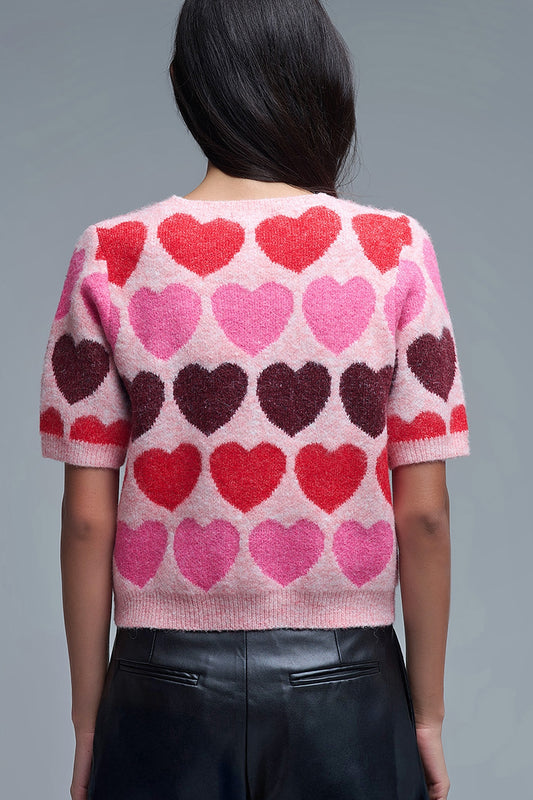 Short Sleeve Printed Heart Sweater in Pink - Sweaters