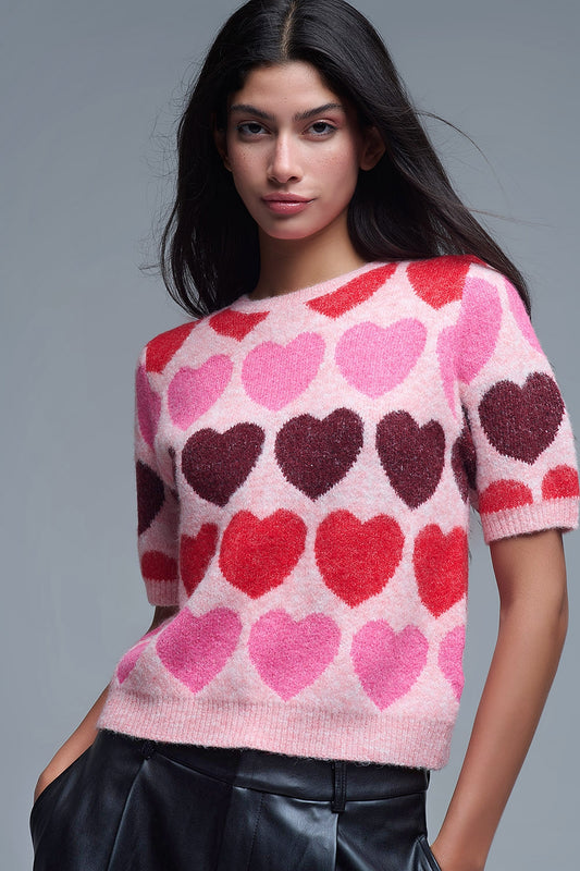 Short Sleeve Printed Heart Sweater in Pink - Sweaters