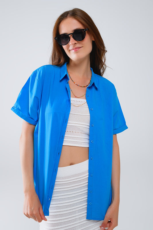 Short Sleeve Relaxed Button Up Shirt in Blue - Shirts