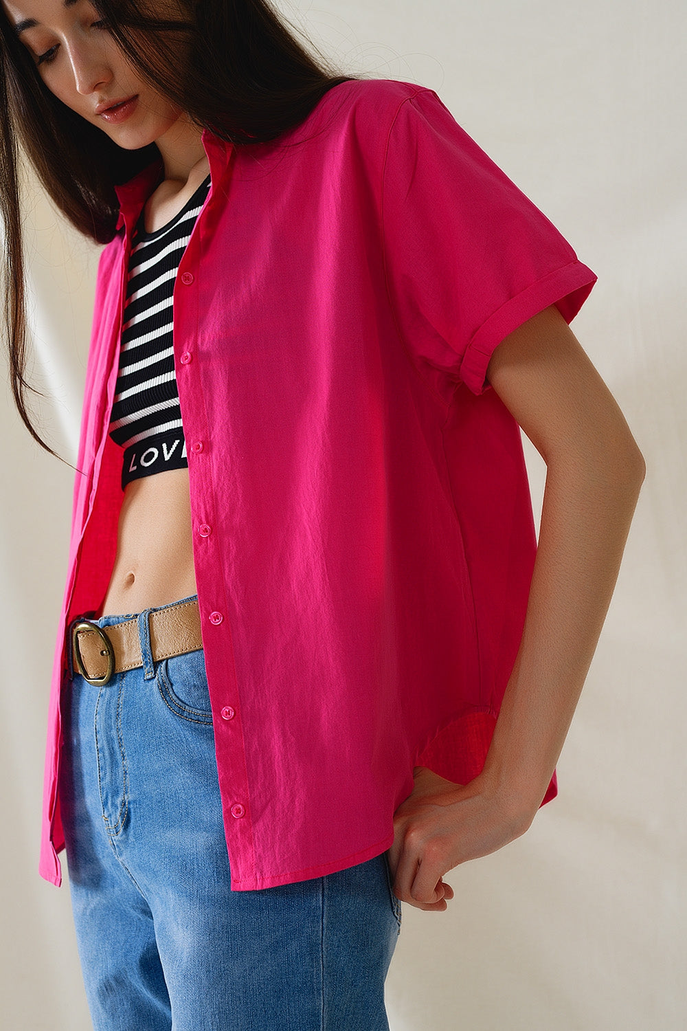 Short Sleeve Relaxed Button Up Shirt in Fuchsia - Shirts
