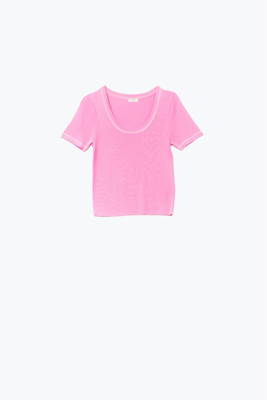 Short Sleeve sweater In pink With Silver Seam at Round Neck - Sweaters