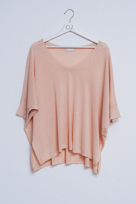 Short sleeve sweater in v neck in beige - T-shirts