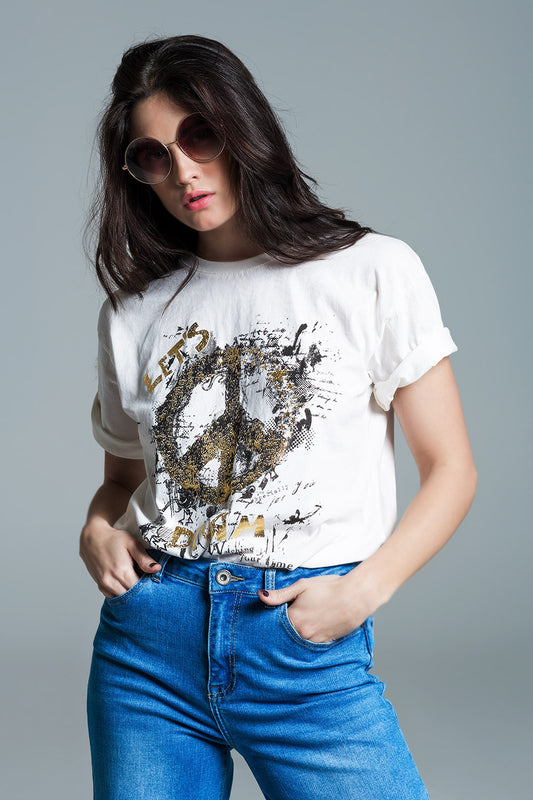 Short Sleeve T-shirt With Graphic Peace Sign Design At The Front In Cream - T-Shirts