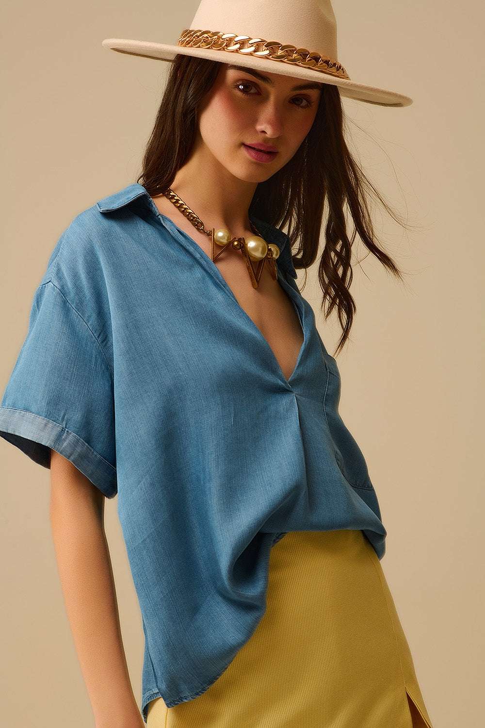 Short Sleeve Tencel Shirt With Chest Pocket in Blue - Shirts