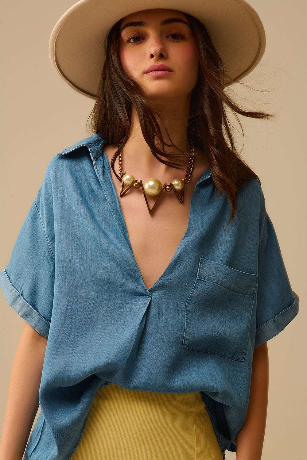 Short Sleeve Tencel Shirt With Chest Pocket in Blue - Shirts