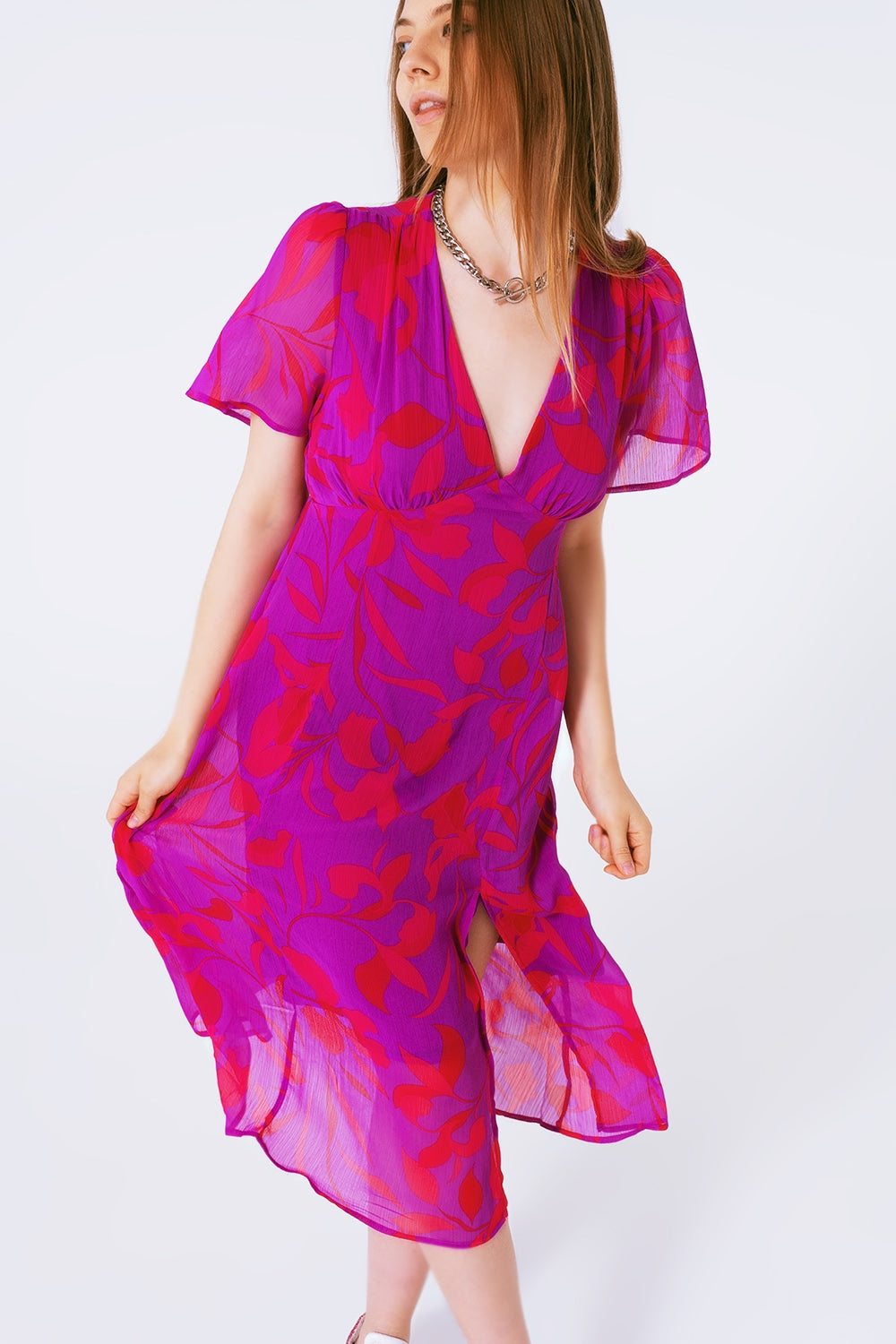 short sleeve V-neck chiffon maxi dress in floral print Q2 Dresses BoutiqueLua