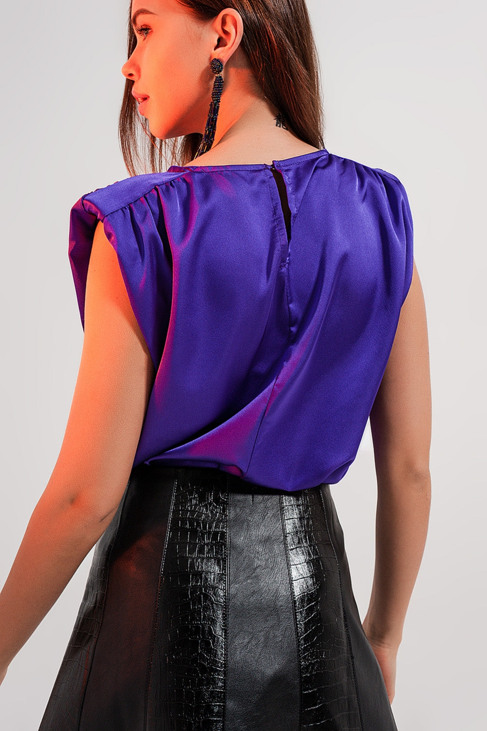 Shoulder pad satin top in violet - Tops