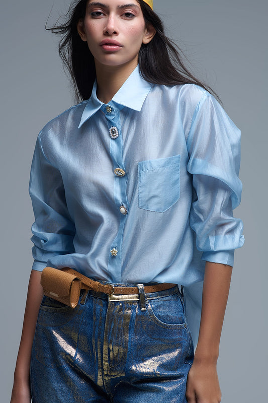 Silky Loose Shirt With Button Medley in Blue - Shirts