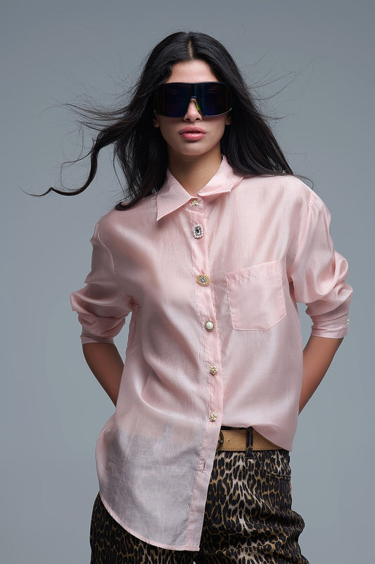 Silky Loose Shirt With Button Medley in Pink - Shirts