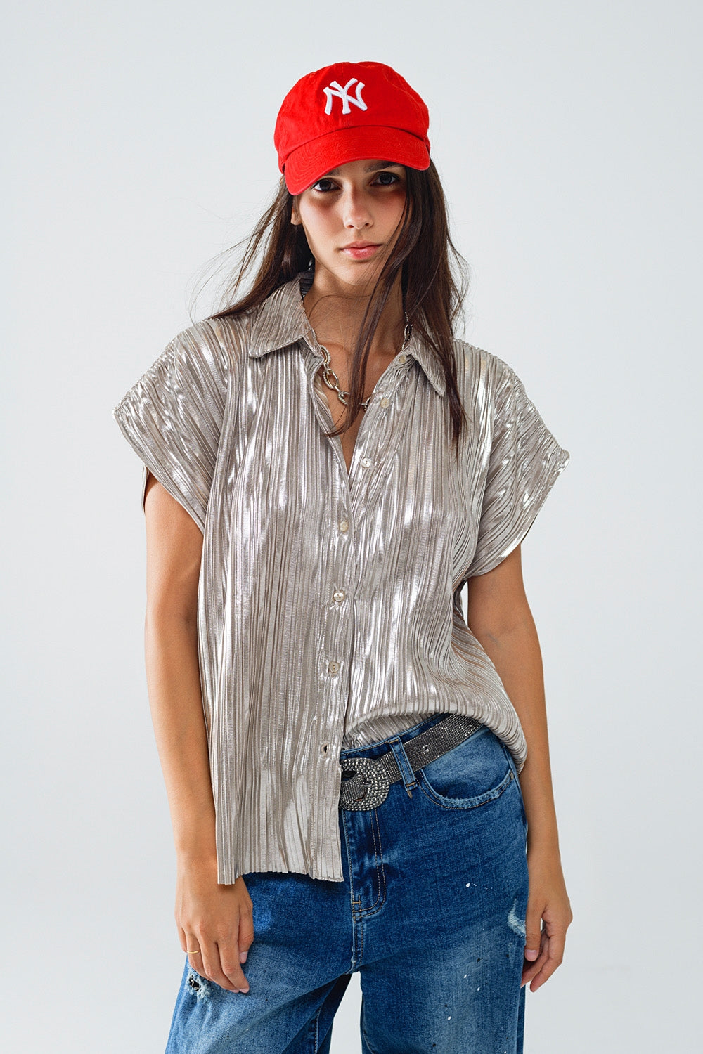 Silver Pleated Shirt With Short Sleeves - Shirts