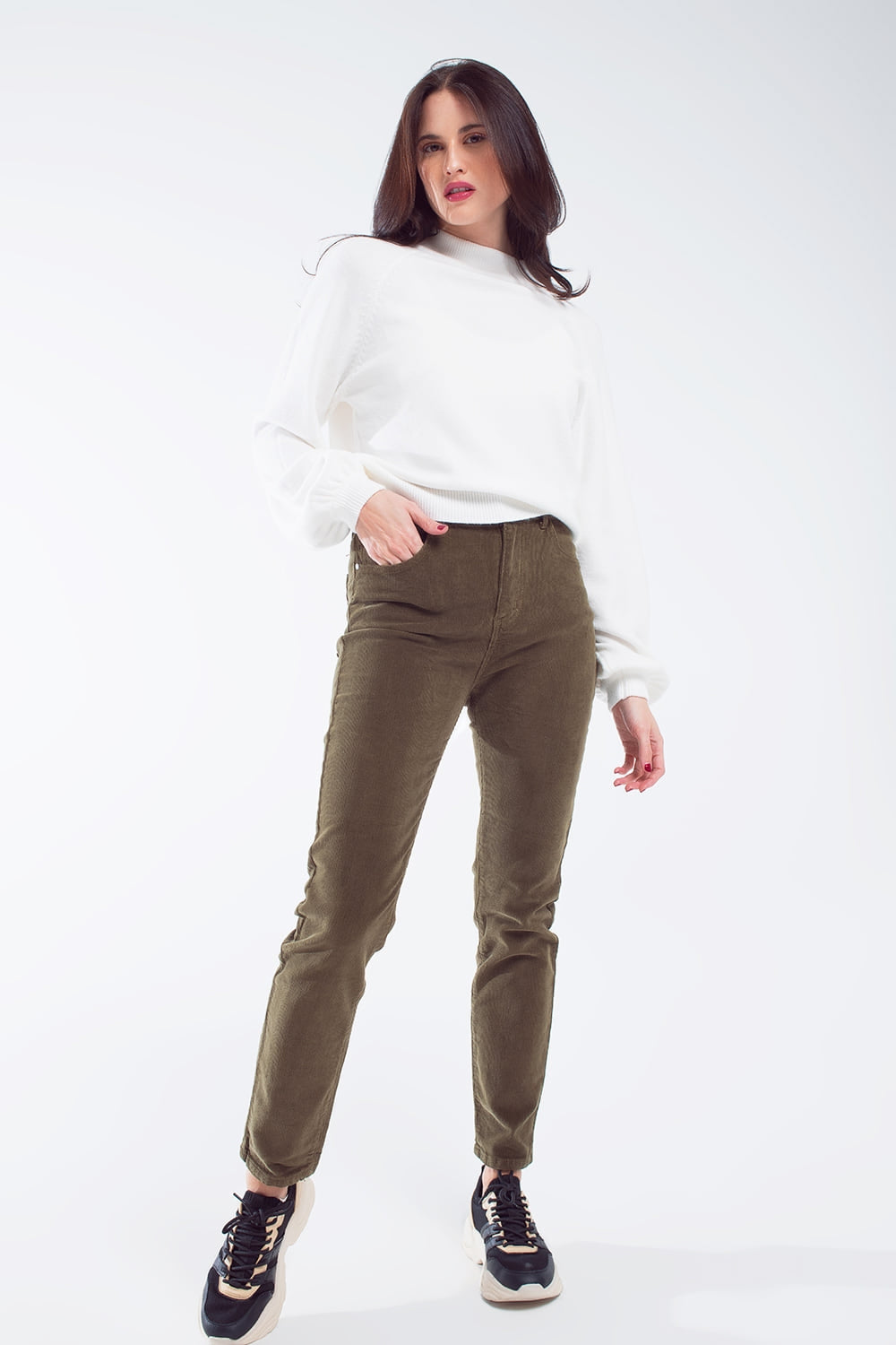 skinny cord pants in olive green Q2 Pants BoutiqueLua