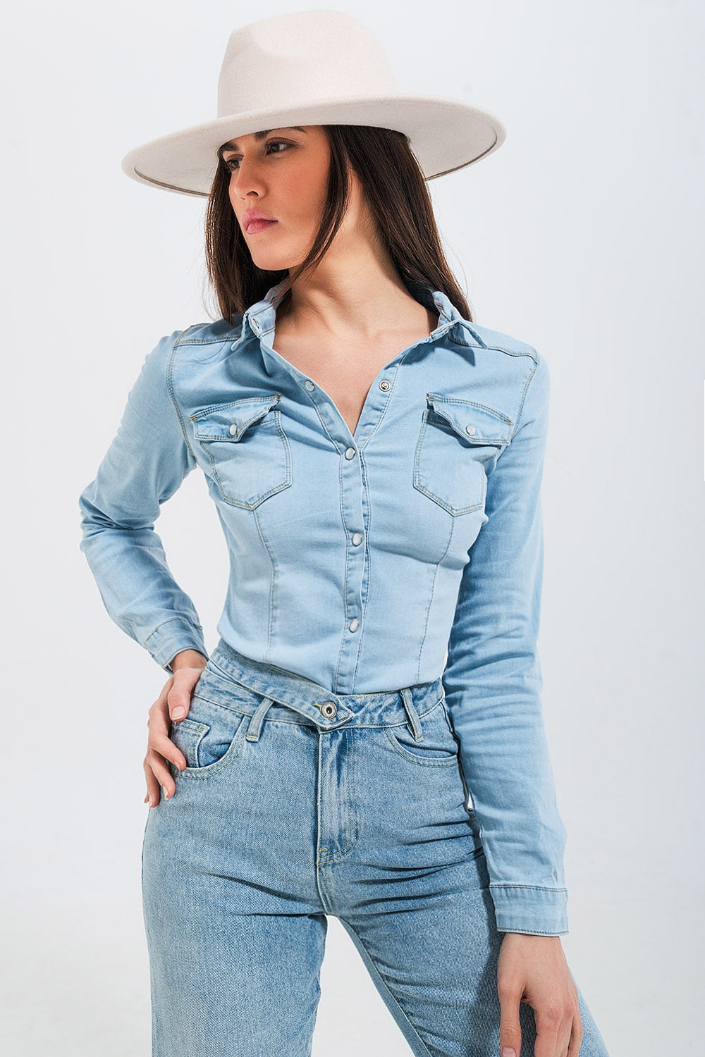 Skinny fit western denim shirt in light wash blue Q2 Shirts BoutiqueLua