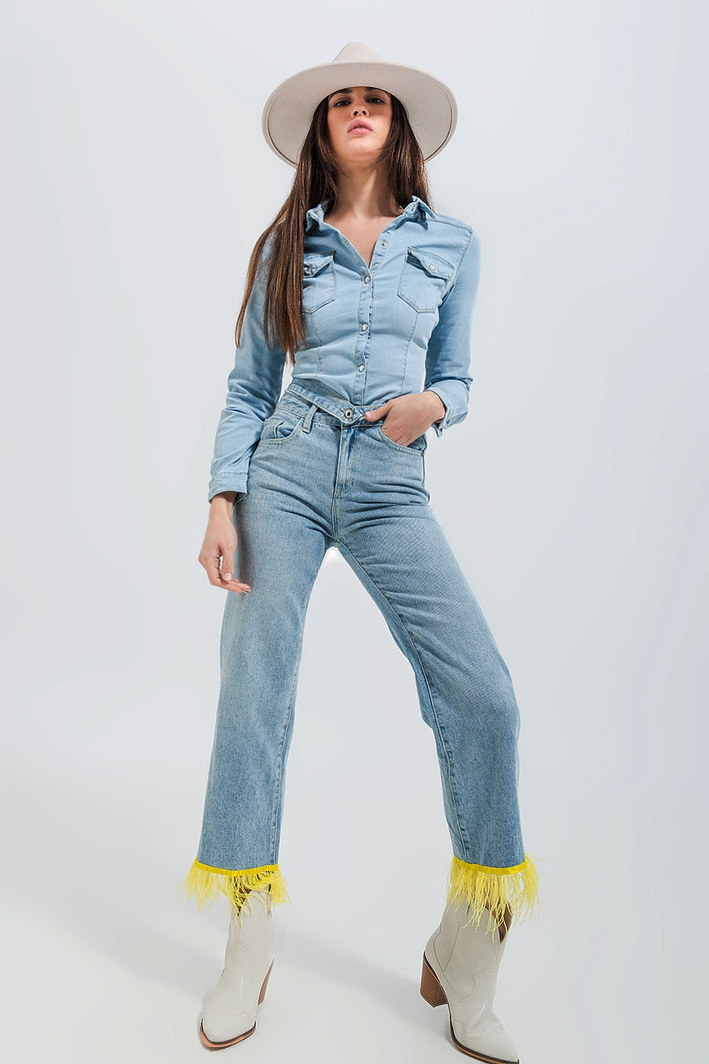 Skinny fit western denim shirt in light wash blue Q2 Shirts BoutiqueLua