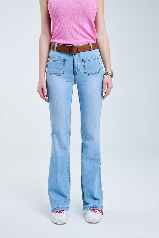 Skinny Light Wash Flare Jeans With Front Pockets - Jeans