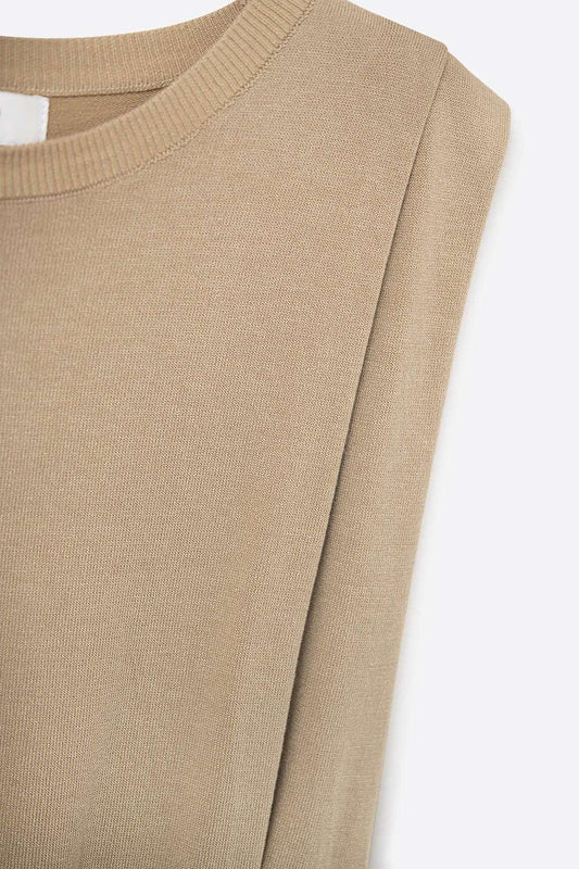 Sleeveless knit top with draped shoulders in camel - Jumpers