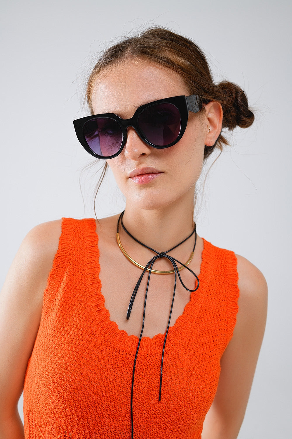 Robe midi en tricot orange sans manches à col rond