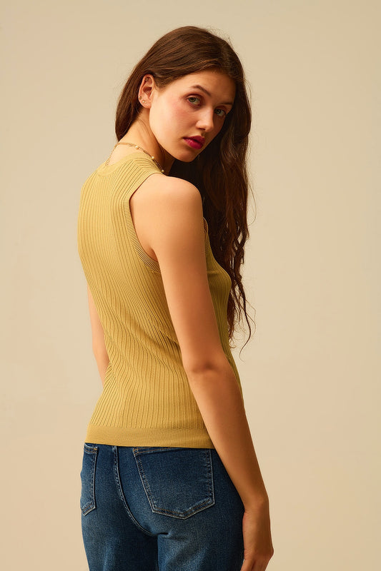 Sleeveless Ribbed knitted Top In camel - Sweaters