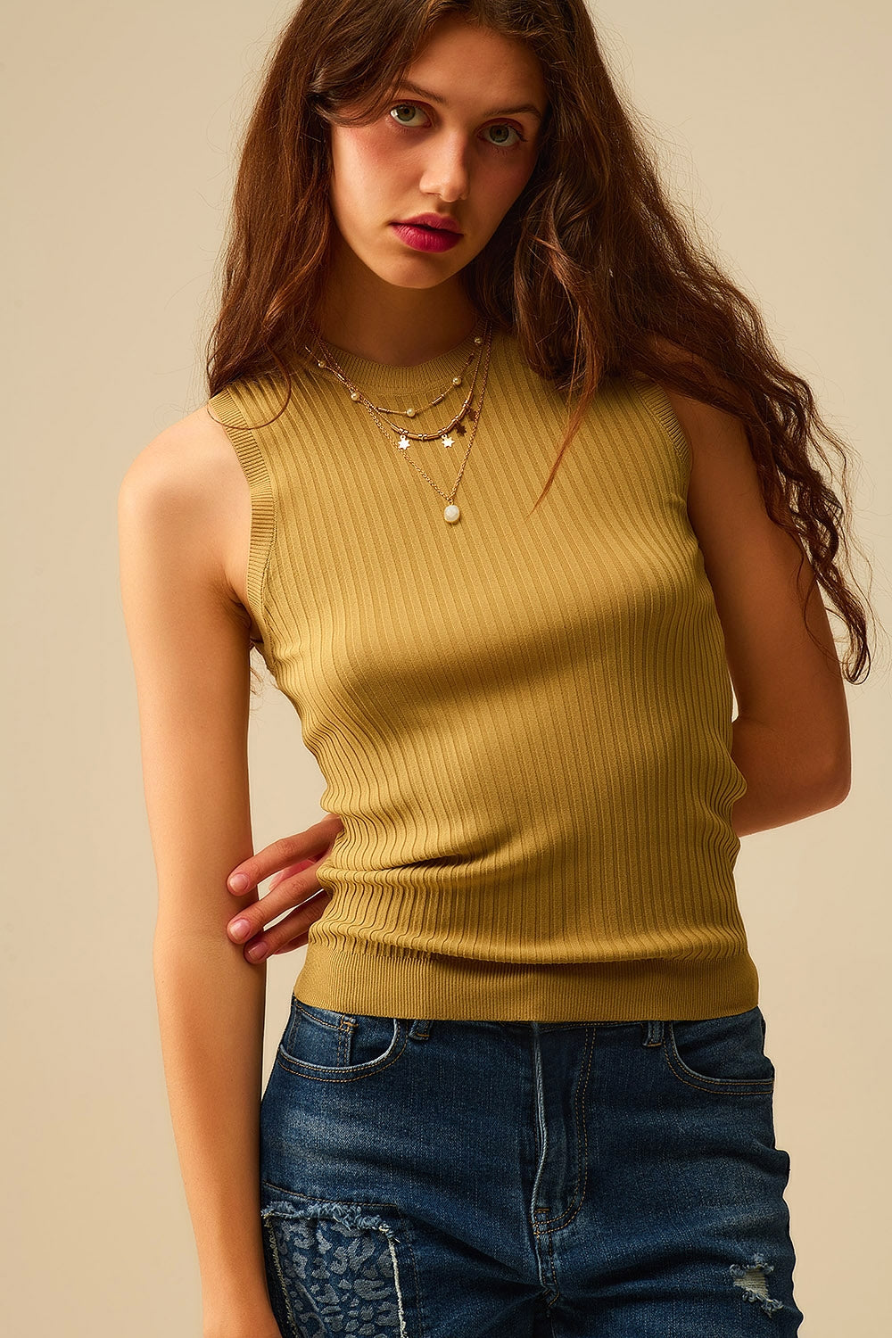 Sleeveless Ribbed knitted Top In camel - Sweaters