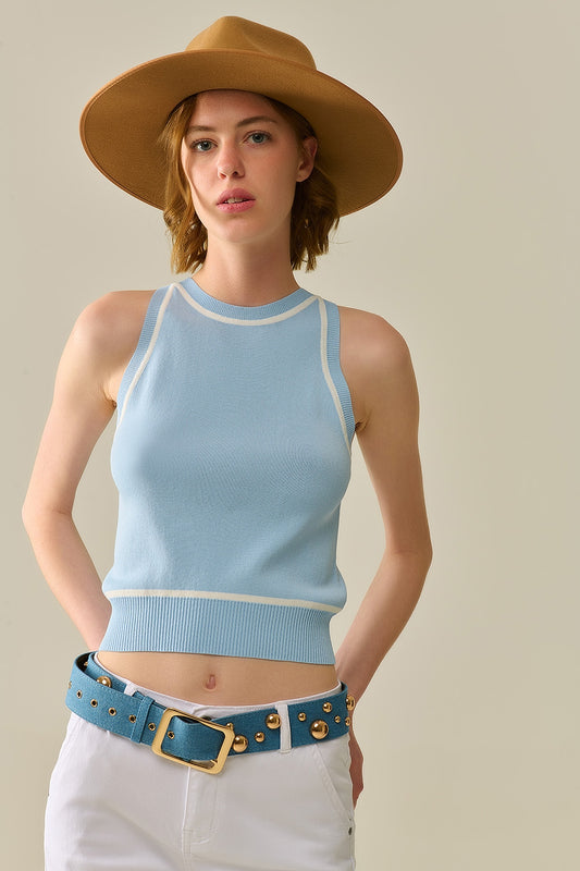 Sleeveless Sweater In Blue Featuring White Lines detail - Tops
