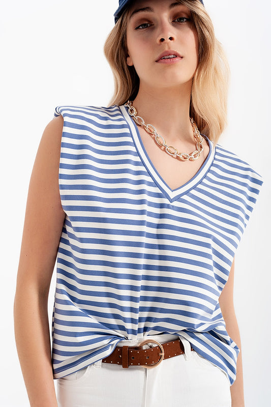 sleeveless t-shirt with shoulder pad in blue stripe - T-Shirts