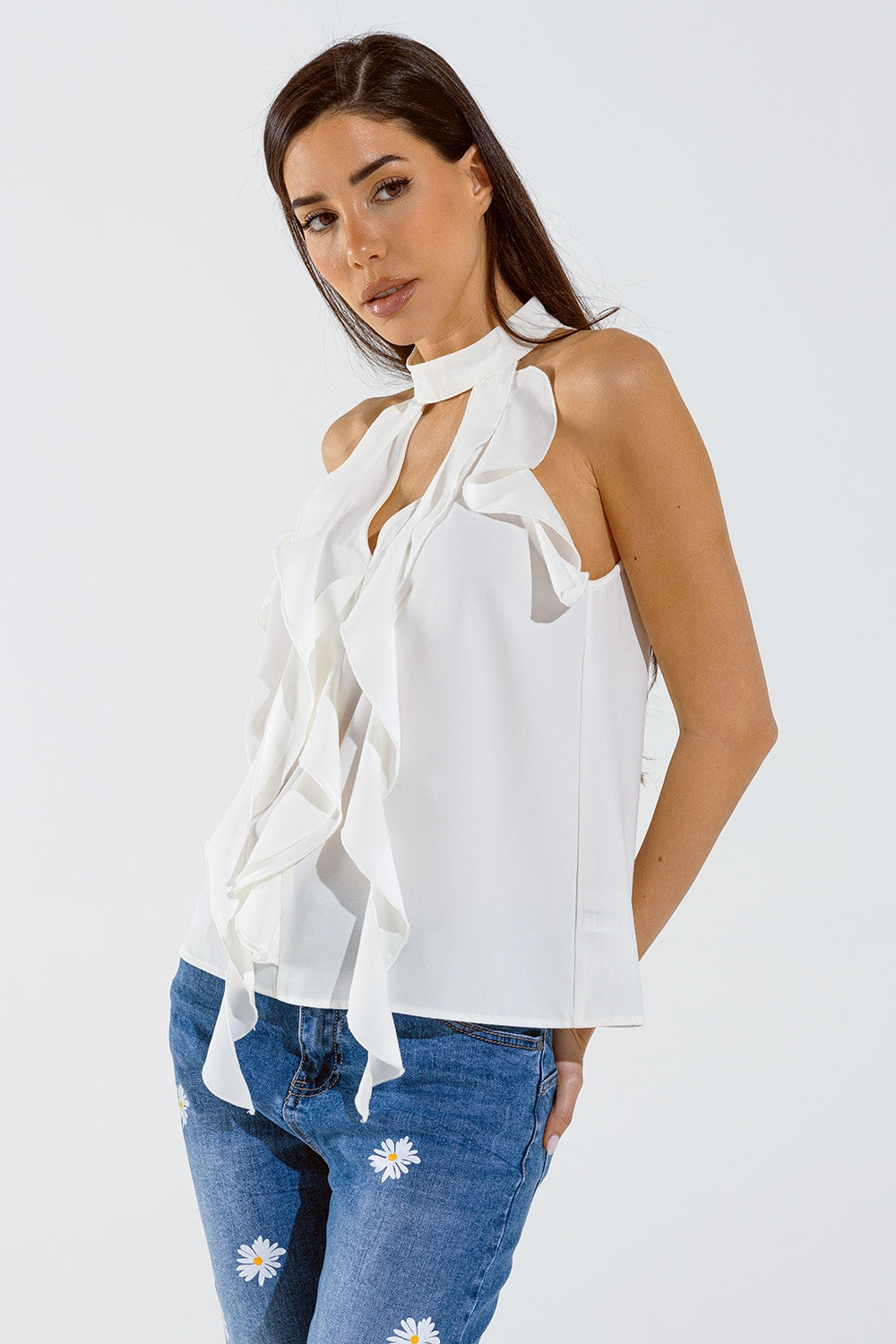 Sleeveless White Top with Ruffled Details and High Neck Q2 Tops BoutiqueLua