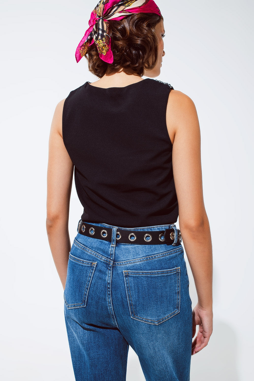 Sleevless Croptop With Diagonal Silver Sequin Detail in Black Q2 Tops BoutiqueLua