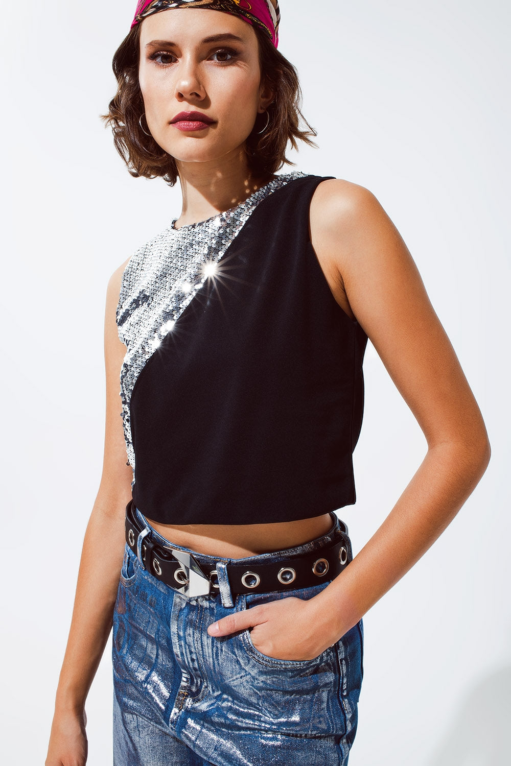 Sleevless Croptop With Diagonal Silver Sequin Detail in Black Q2 Tops BoutiqueLua