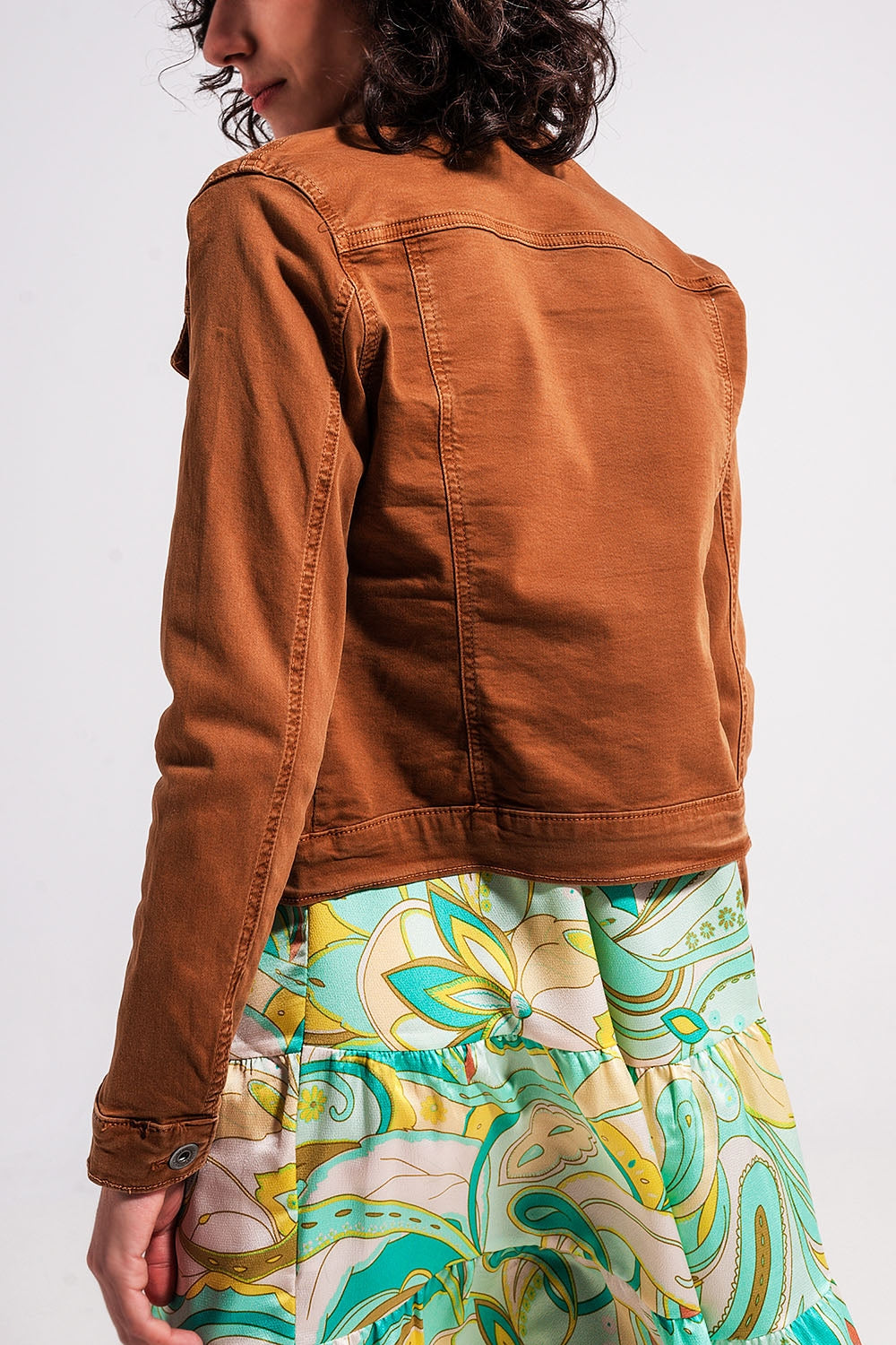 Slim denim trucker jacket in brown Q2 Coats and Jackets BoutiqueLua