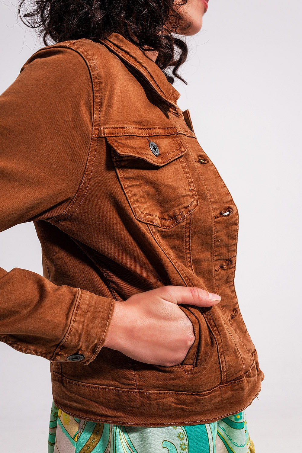 Slim denim trucker jacket in brown Q2 Coats and Jackets BoutiqueLua