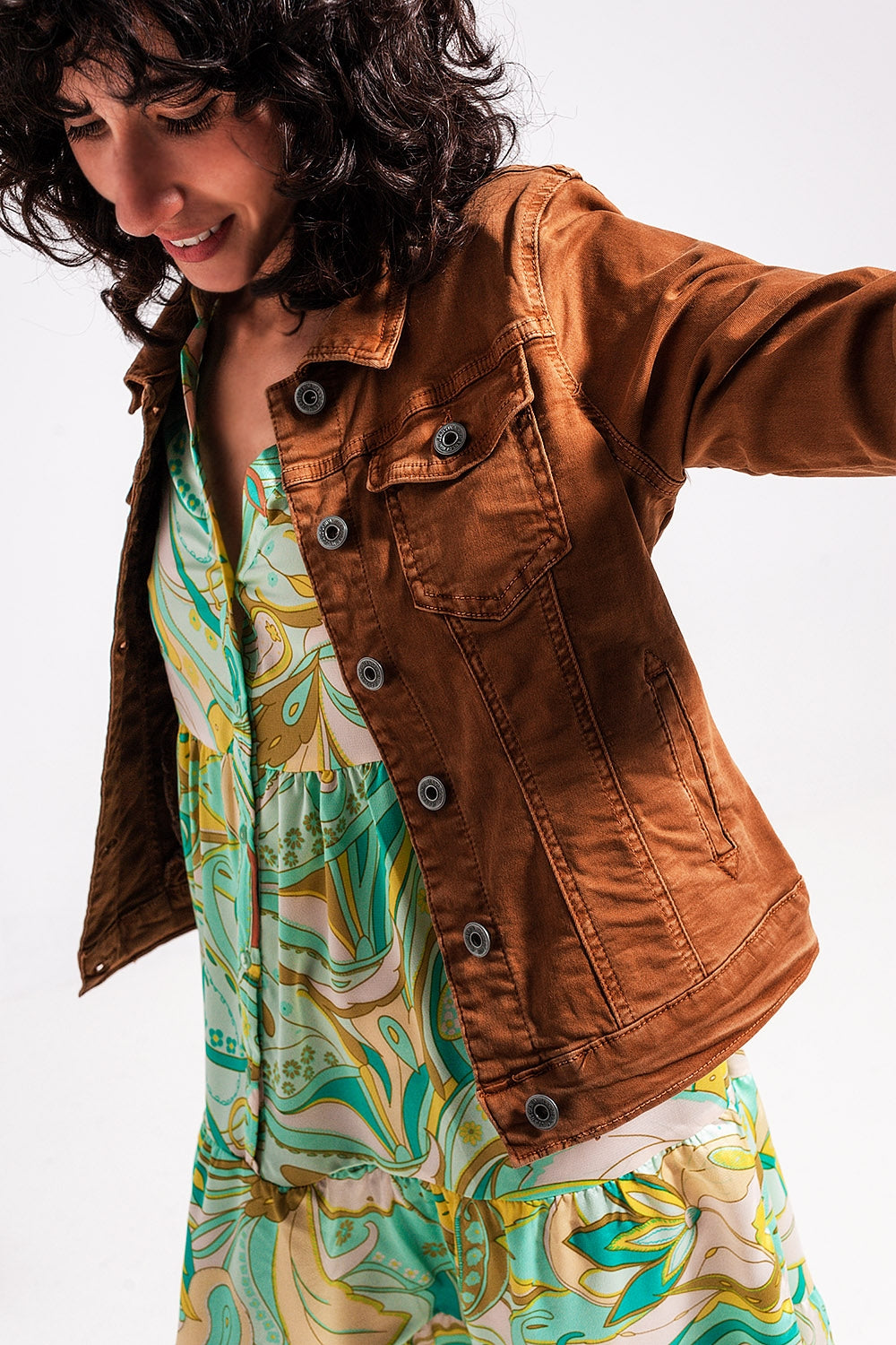 Slim denim trucker jacket in brown Q2 Coats and Jackets BoutiqueLua