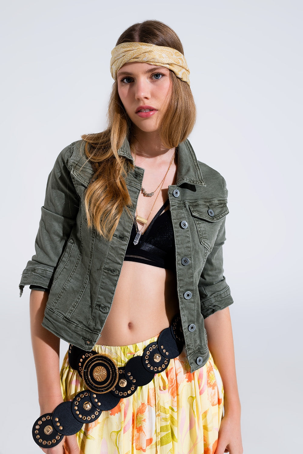 Slim denim trucker jacket in khaki Q2 Coats and Jackets BoutiqueLua