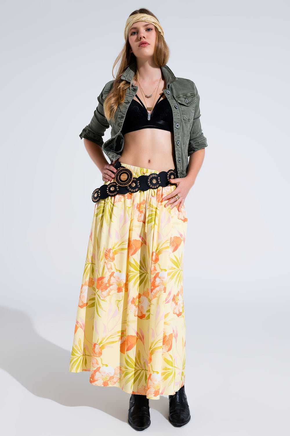Slim denim trucker jacket in khaki Q2 Coats and Jackets BoutiqueLua