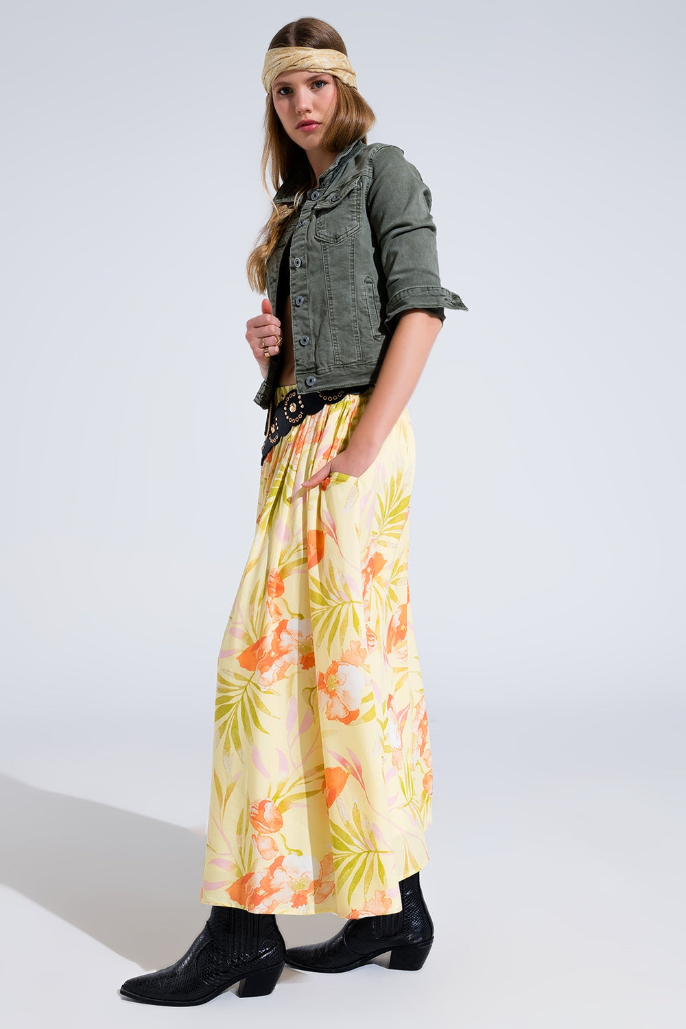 Slim denim trucker jacket in khaki Q2 Coats and Jackets BoutiqueLua