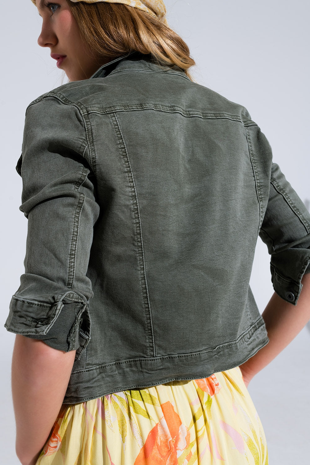 Slim denim trucker jacket in khaki Q2 Coats and Jackets BoutiqueLua