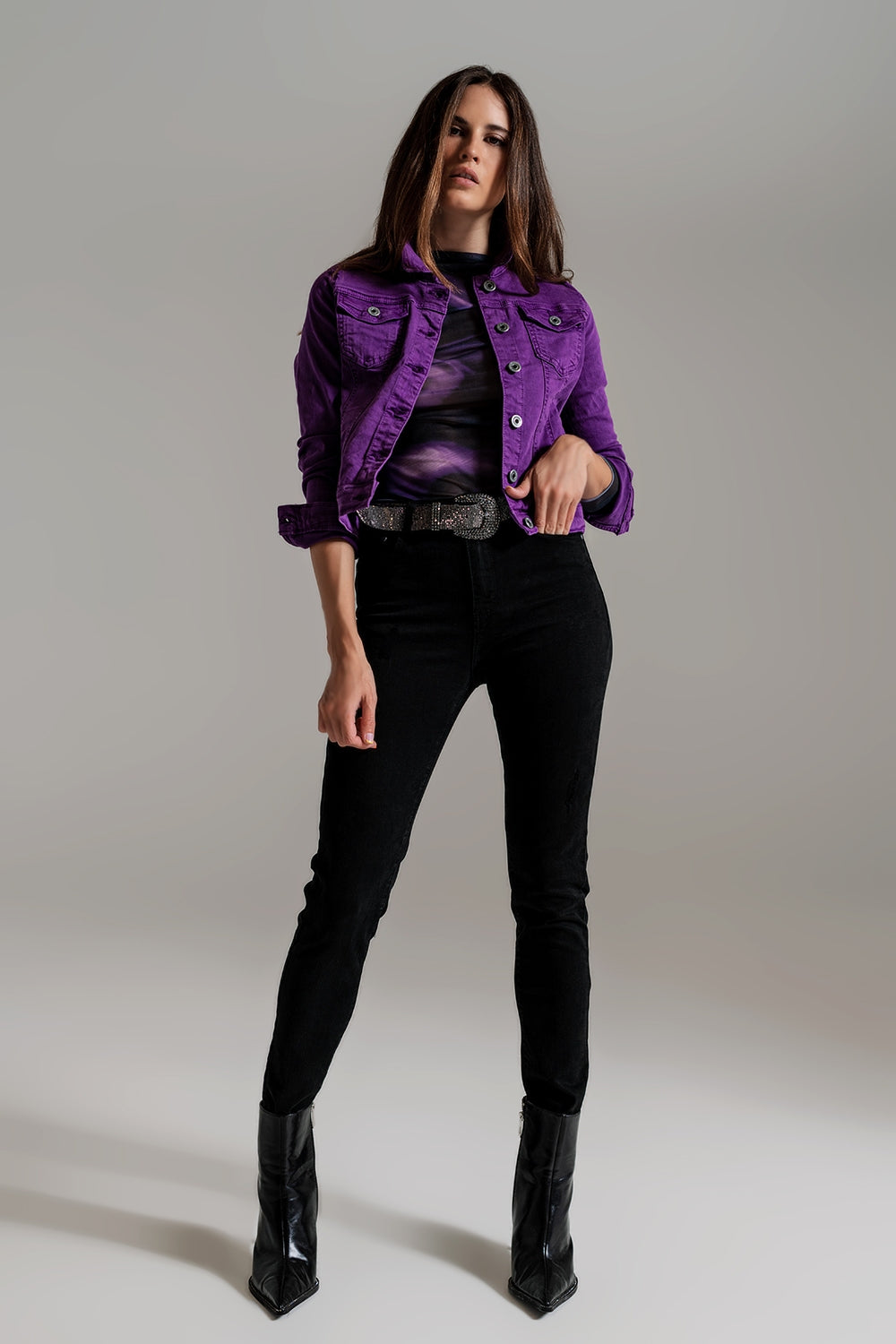 Slim denim trucker jacket in purple Q2 Coats and Jackets BoutiqueLua
