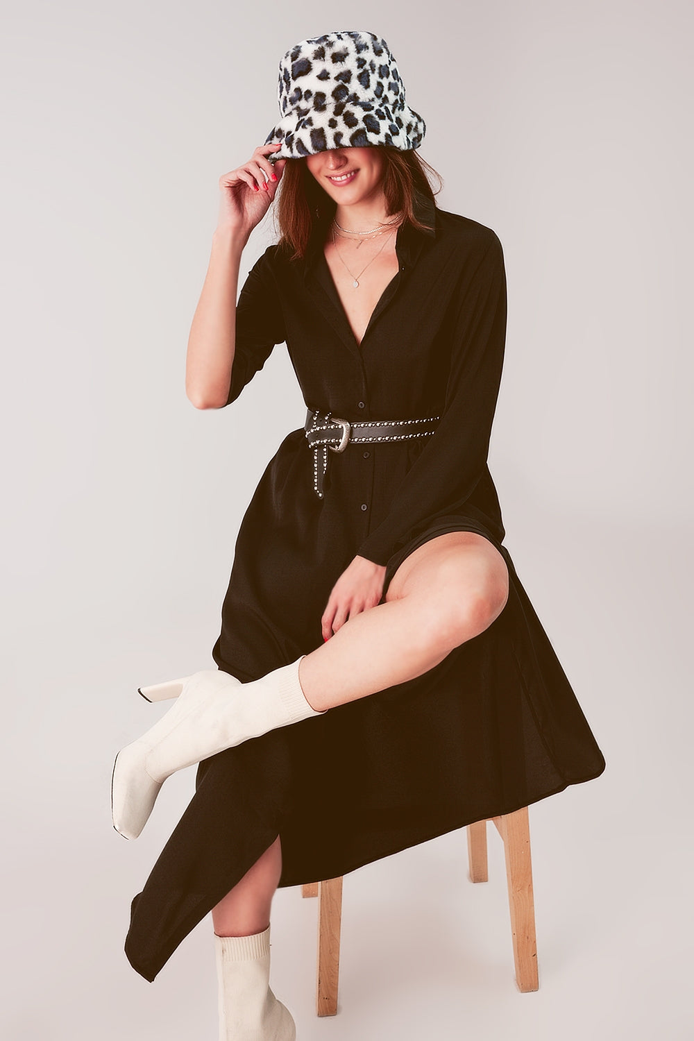 Slouchy plunge shirt maxi dress in black Q2 Dresses BoutiqueLua