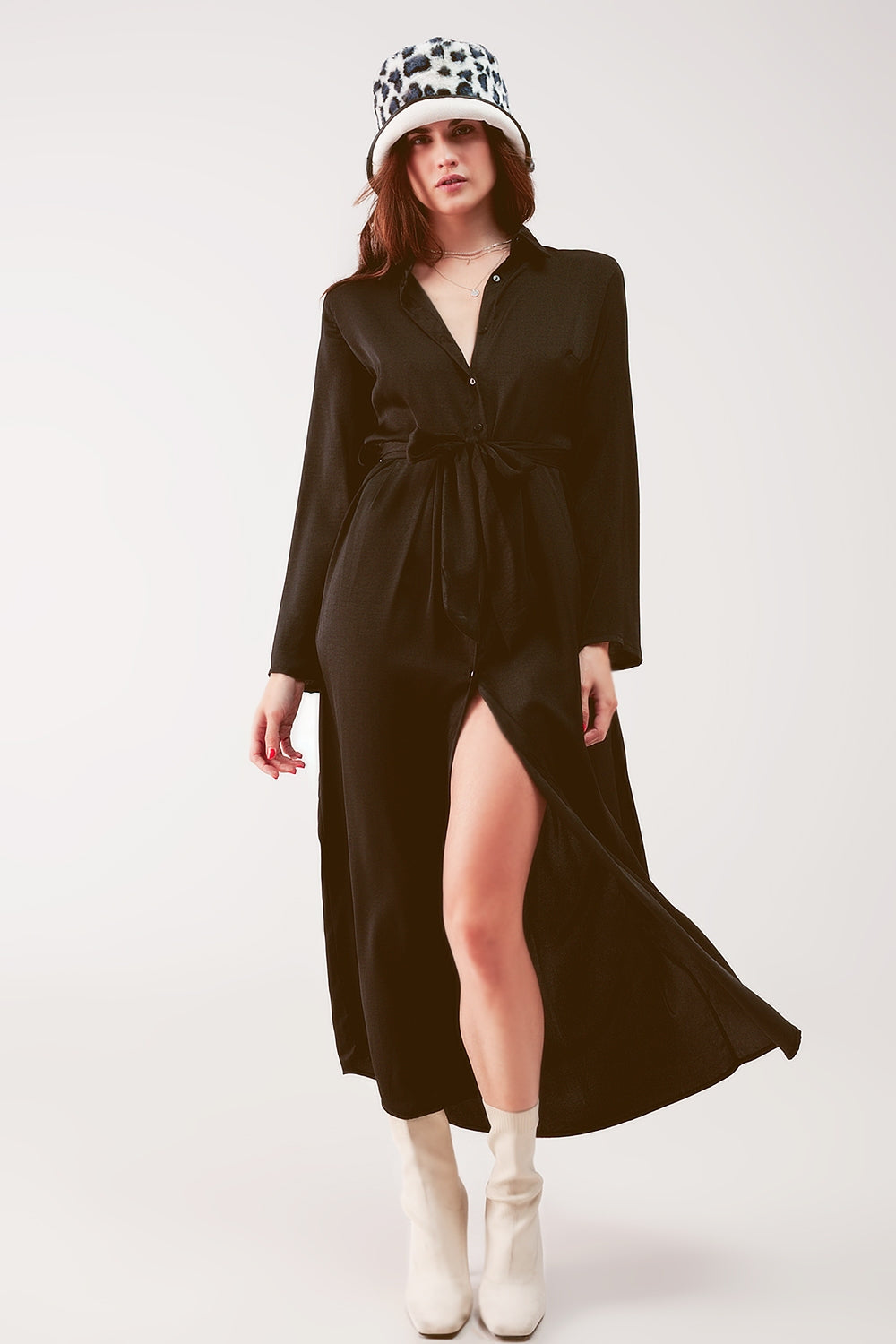 Slouchy plunge shirt maxi dress in black Q2 Dresses BoutiqueLua
